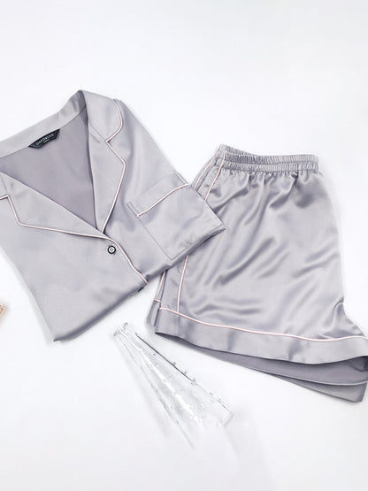 Casual Solid Color Notched Collar Short Sleeves Shirts+ Elastics Shorts Pajama