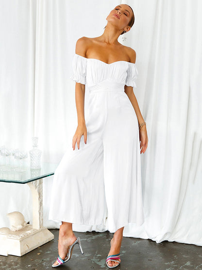 13 Colors Puff Sleeves Solid Color Cold Shoulder Wide Leg Jumpsuits