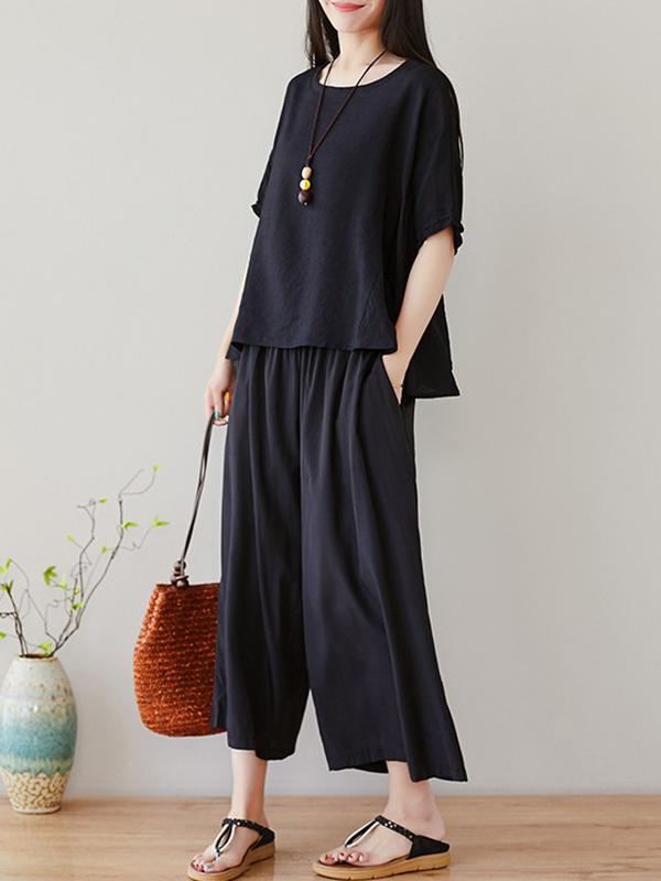 Loose Solid T-Shirt + Wide Leg Pants