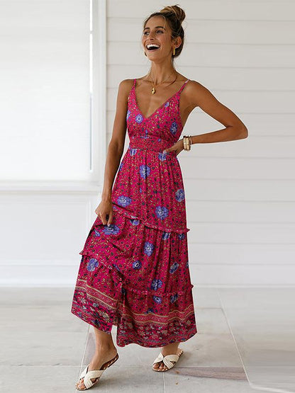 Slit Down Floral Printed V-neck Maxi Dress