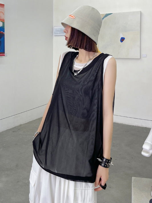 Cool Girl Black&White See-Through Round-Neck Vest Top