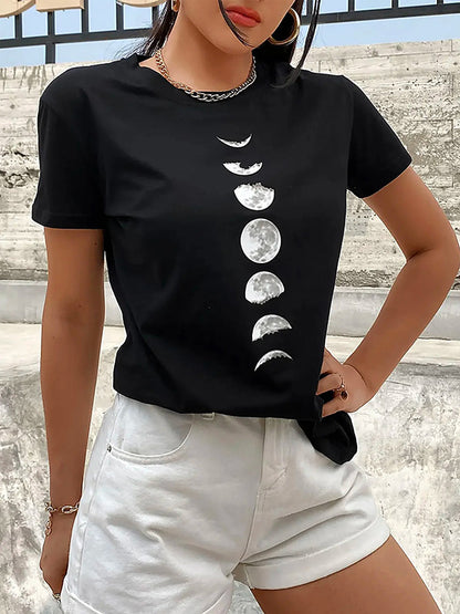 Stylish Black Moon Printed T-Shirt Top