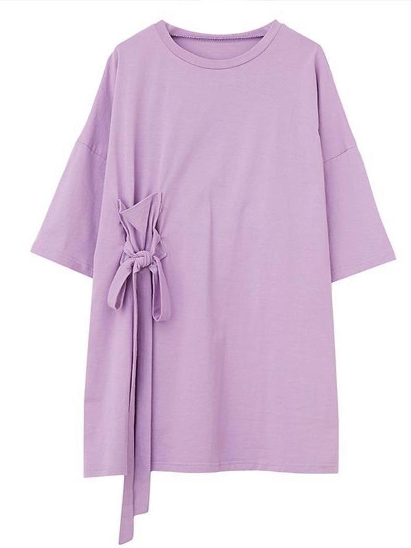 Loose Solid Color Bow-Embellished Half-Sleeve T-Shirt