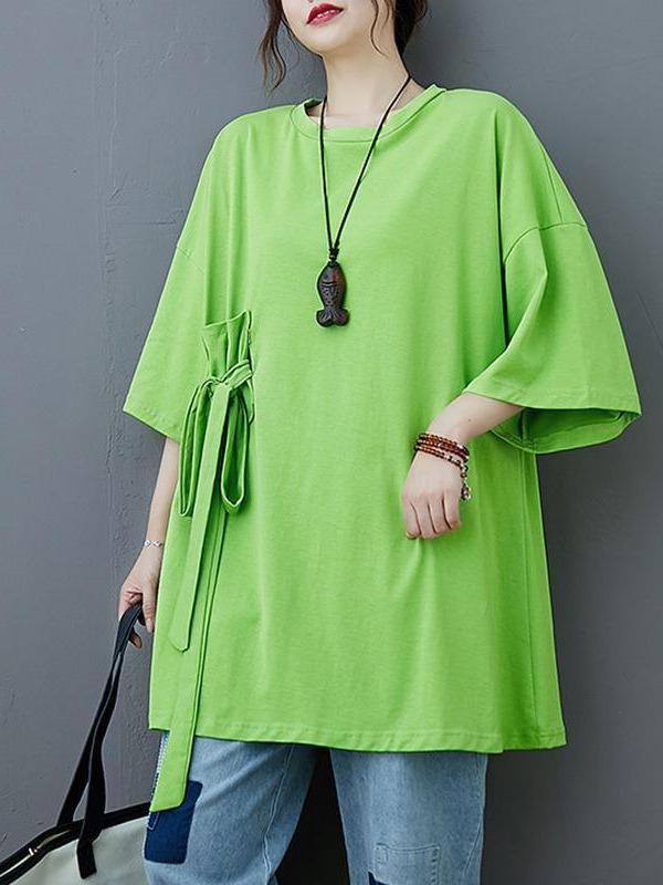 Loose Solid Color Bow-Embellished Half-Sleeve T-Shirt