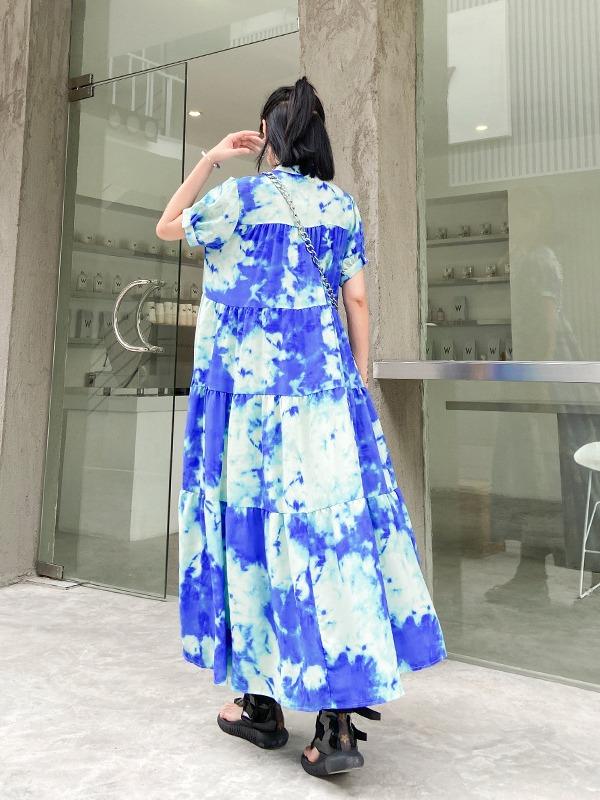 Fashion Tie-Dyed Bishop Sleeve A-Line Dress