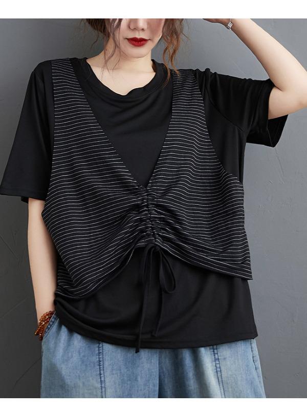 False Two Striped Split-Joint Drawstring T-Shirts