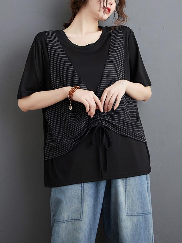 False Two Striped Split-Joint Drawstring T-Shirts