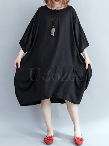 Loose Solid Retro Hemline Midi Dress