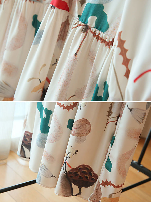 Original Printing Split-Joint V-Neck Midi Dress