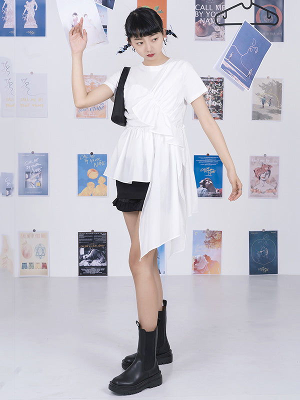 Fashion White Pleats Asymmetric Split-Joint Round-Neck T-Shirts Top
