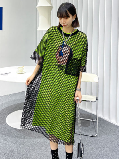 Stylish Hollow Mesh H-Line Short Sleeves Round-Neck Midi Dress