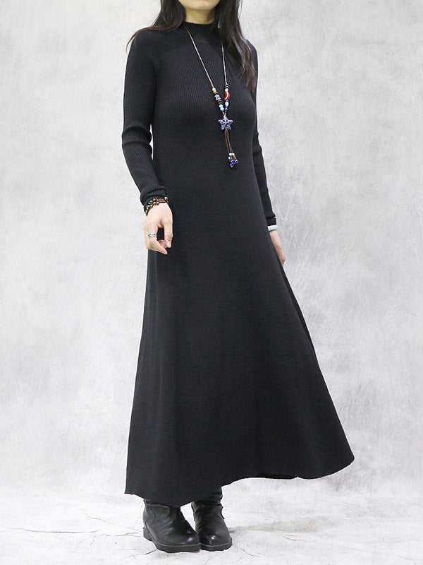 Artistic Retro Solid Color Split-Joint High-Neck Long Sleeves Knitted Sweater Dress