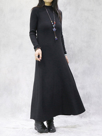 Artistic Retro Solid Color Split-Joint High-Neck Long Sleeves Knitted Sweater Dress