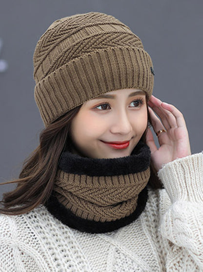 Winter Knitting Solid Color Keep Warm Scarf&Hat Two Pieces Set