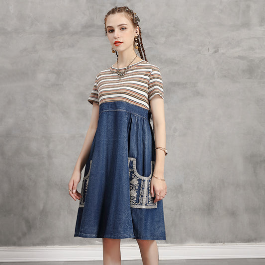 Loose patchwork striped dress Vintage denim skirt