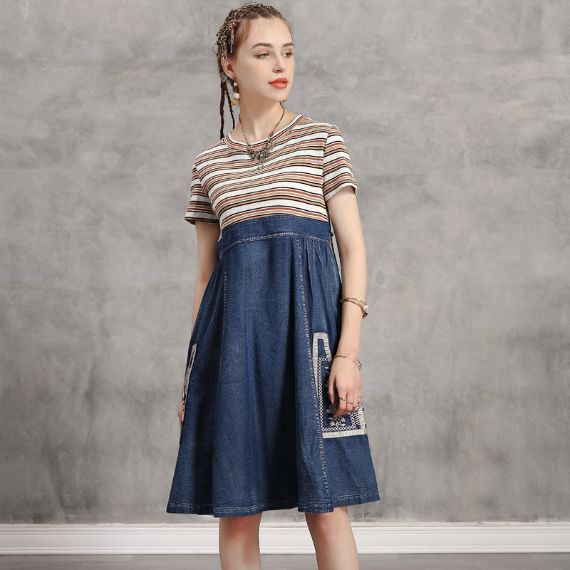 Loose patchwork striped dress Vintage denim skirt
