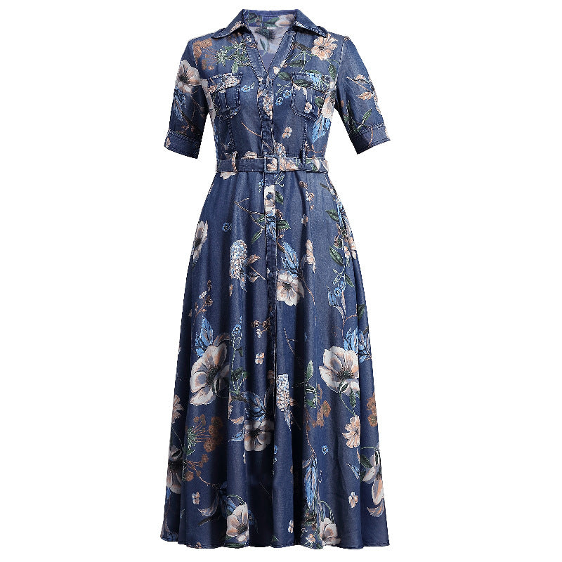 New denim print dress in summer vintage denim dress
