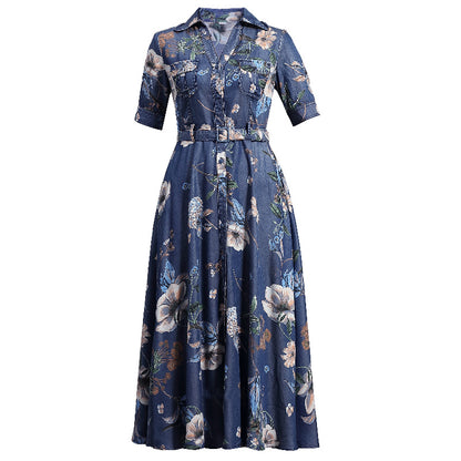 New denim print dress in summer vintage denim dress