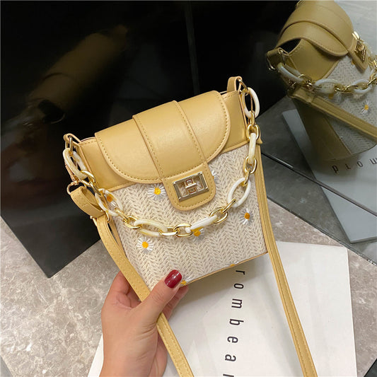 Versatile messenger bag simple one shoulder straw woven Bucket Bag