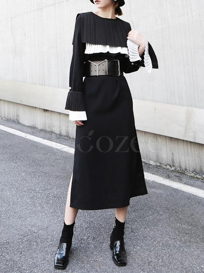 Retro Split-side Ruffled Pleated Long Dress