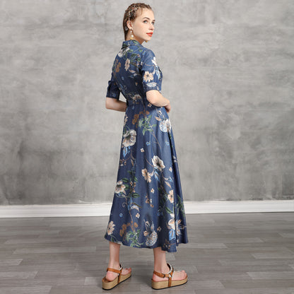 New denim print dress in summer vintage denim dress
