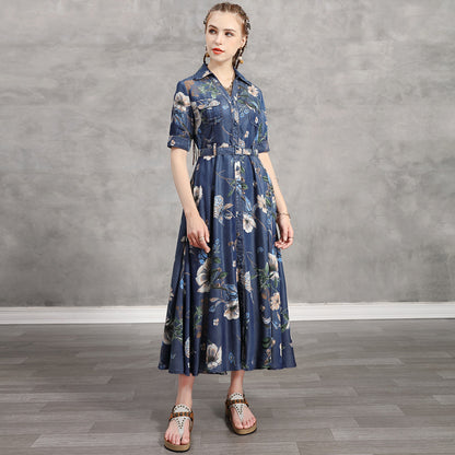 New denim print dress in summer vintage denim dress