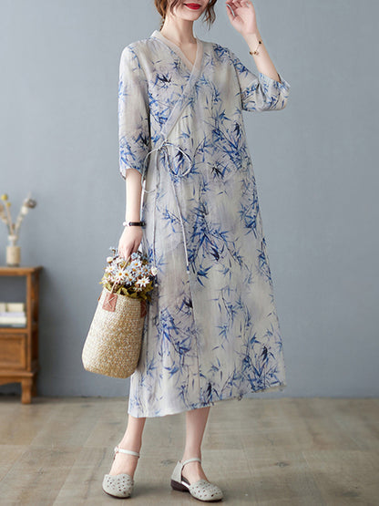 Artistic Retro Loose Floral Printed Tied V-Neck Midi Dress