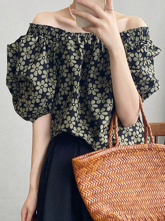Loose Puff Sleeves Floral Printed T-Shirt