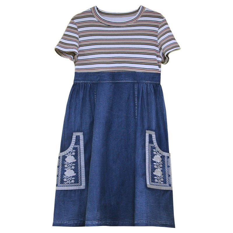 Loose patchwork striped dress Vintage denim skirt