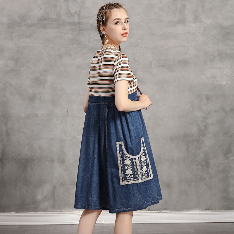 Loose patchwork striped dress Vintage denim skirt
