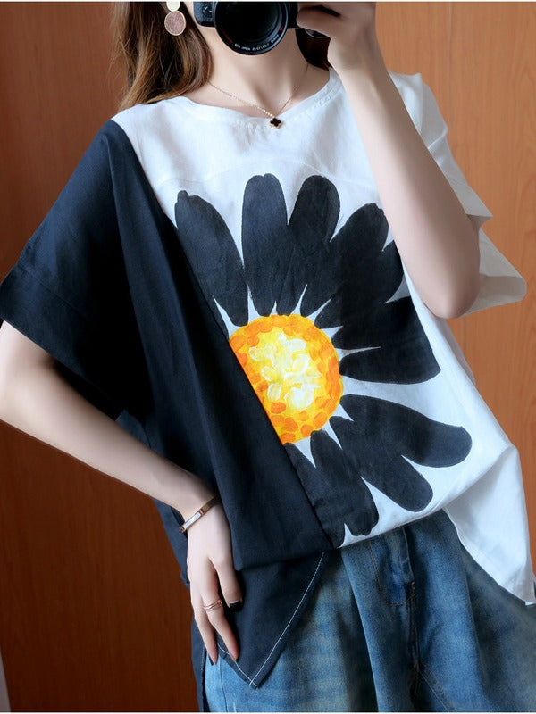 FASHION SPLIT-JOINT FLORAL T-SHIRTS TOPS