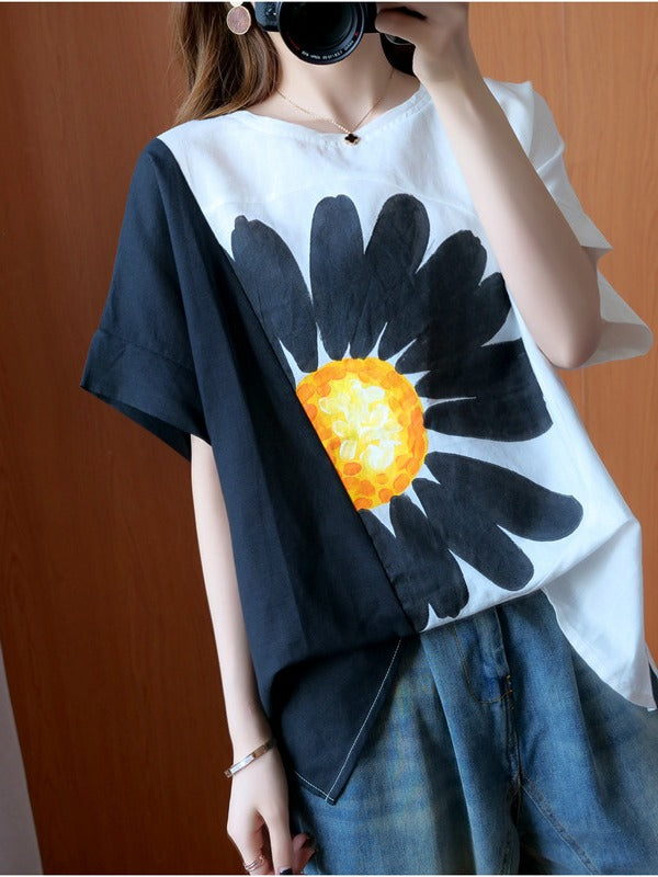 FASHION SPLIT-JOINT FLORAL T-SHIRTS TOPS