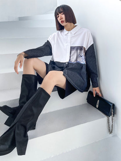 Stylish Cartoon Printed Plaid Split-Joint Lapel Collar Long Sleeves Blouse