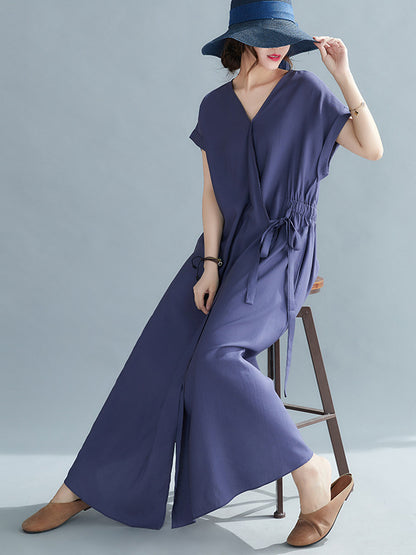 Casual Loose Solid Color Tied V-Neck Short Raglan Sleeves Maxi Dress