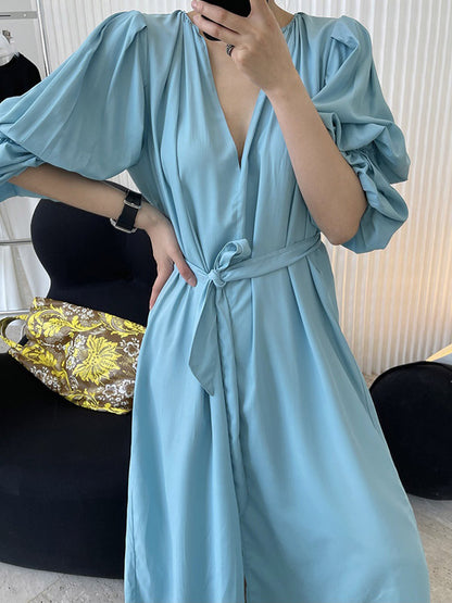 Fashion Split-Front Puff Sleeves V-Neck Midi Dress