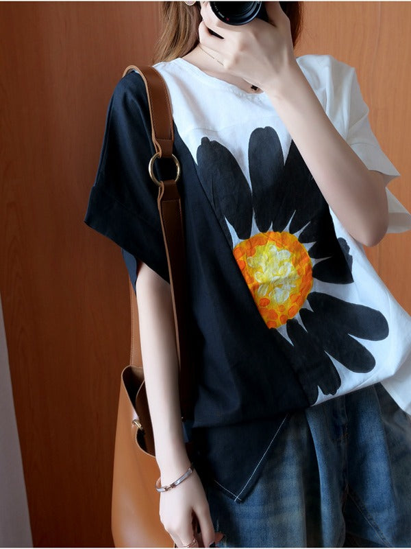 FASHION SPLIT-JOINT FLORAL T-SHIRTS TOPS