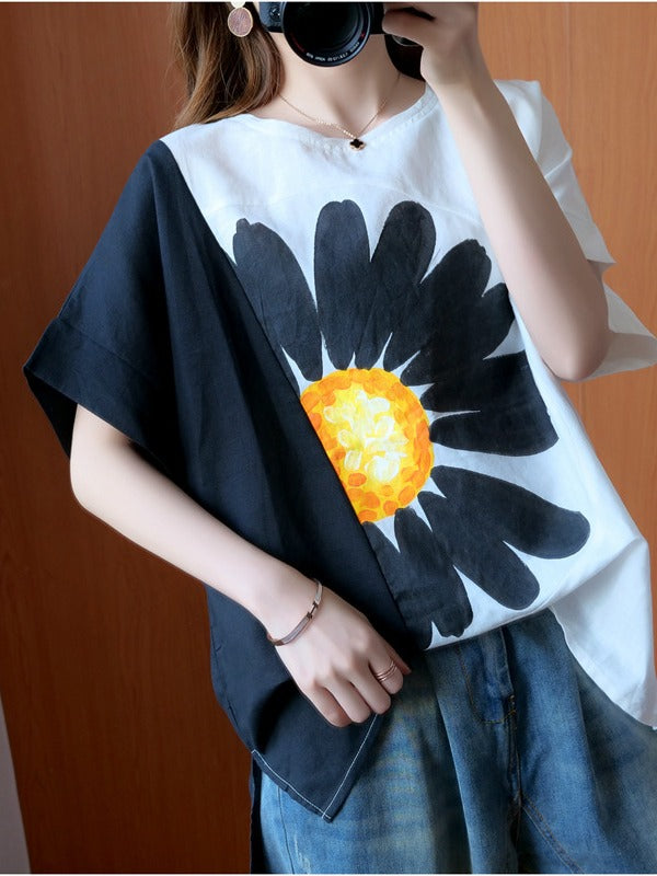 FASHION SPLIT-JOINT FLORAL T-SHIRTS TOPS
