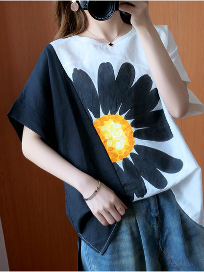 FASHION SPLIT-JOINT FLORAL T-SHIRTS TOPS