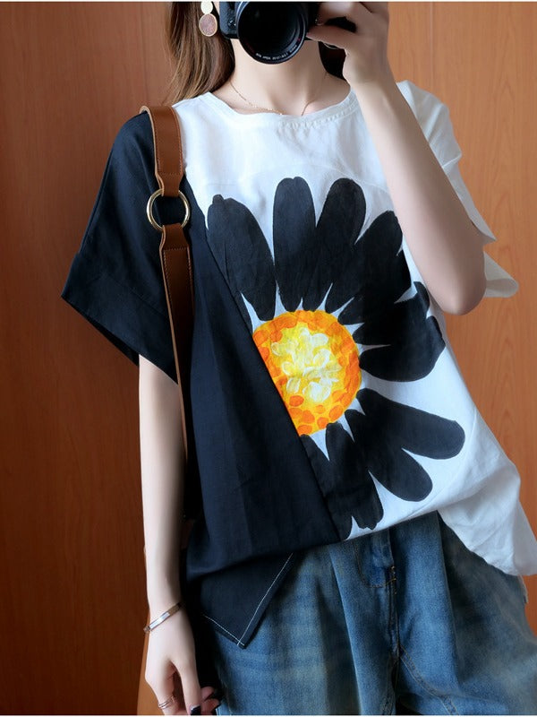 FASHION SPLIT-JOINT FLORAL T-SHIRTS TOPS