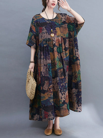 Stylish Printed Round-Neck Loose Batwing Sleeve Midi Dress