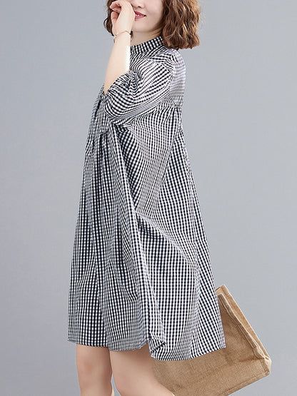 NEW LOOSE PLAID PUFF SLEEVE SHIRT DRESS