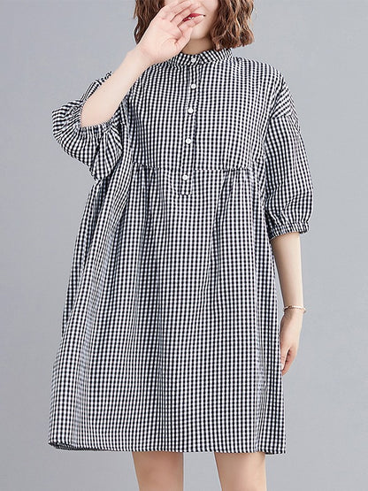 NEW LOOSE PLAID PUFF SLEEVE SHIRT DRESS