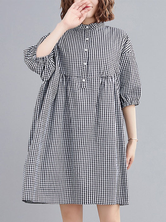 NEW LOOSE PLAID PUFF SLEEVE SHIRT DRESS