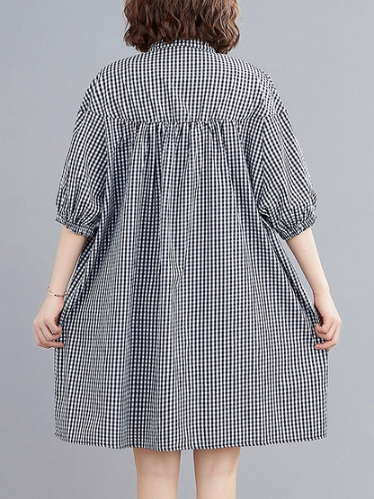 NEW LOOSE PLAID PUFF SLEEVE SHIRT DRESS