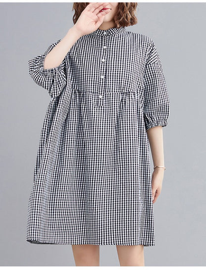 NEW LOOSE PLAID PUFF SLEEVE SHIRT DRESS