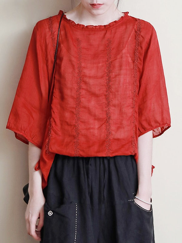 ORIGINAL EMBROIDERED SOLID ROUND-NECK T-SHIRTS TOPS