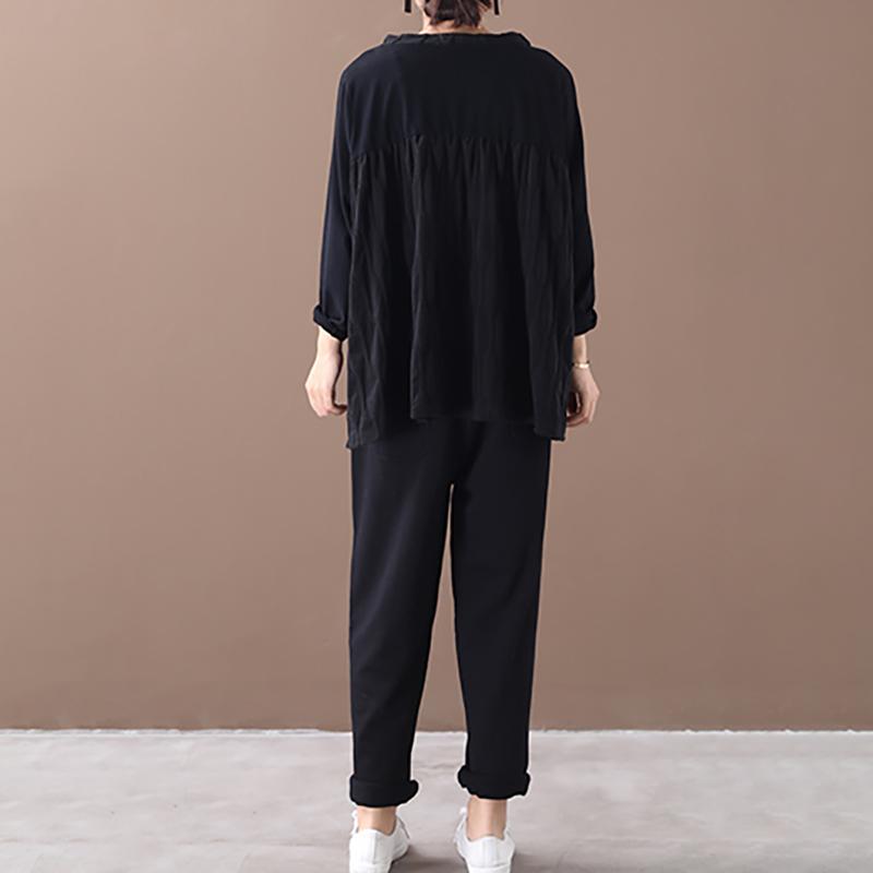 Buykud Loose Split Hem Spliced Long Sleeve Blouse