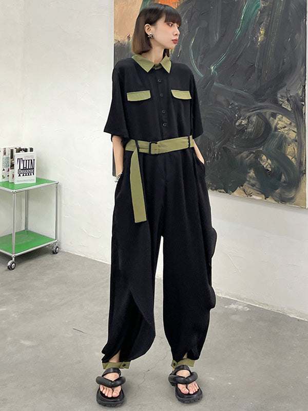 Stylish Belted Polo Collar Half Sleeve High-Waisted Jumpsuits