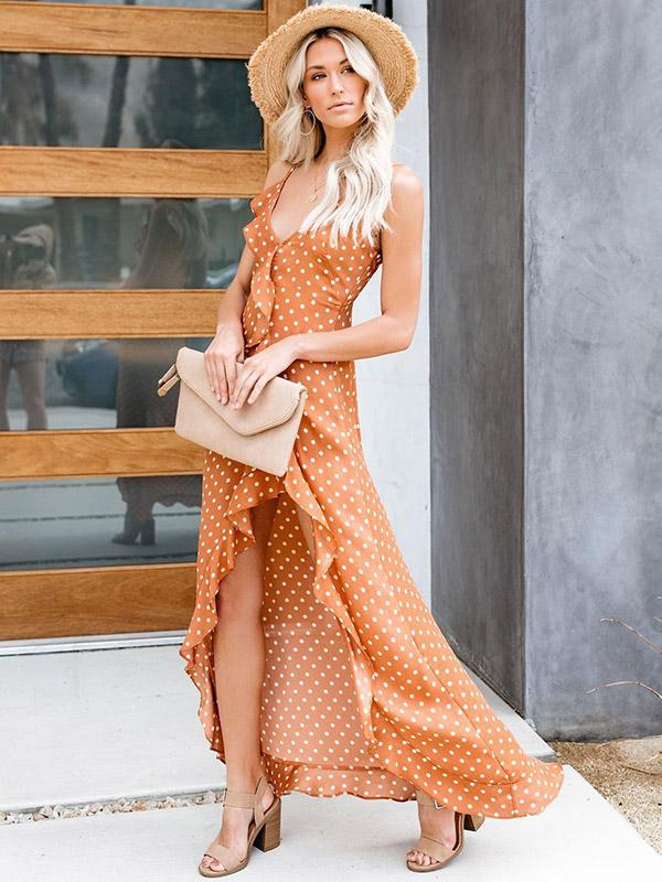 Polka-Dot Bandage Spaghetti-neck Maxi Dress