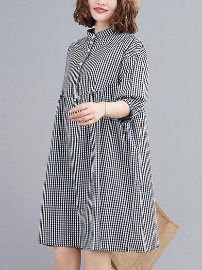 NEW LOOSE PLAID PUFF SLEEVE SHIRT DRESS